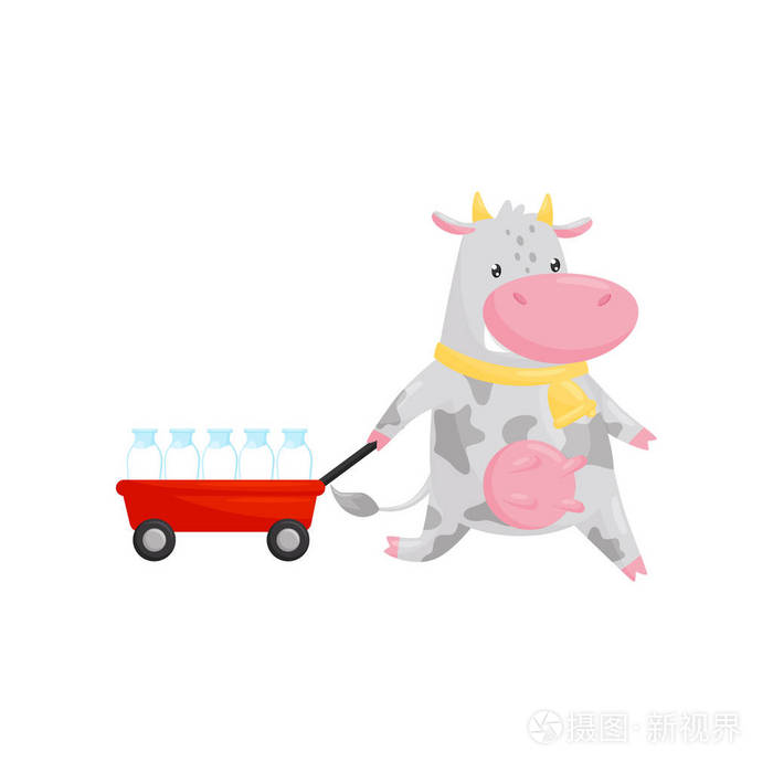 可爱的牛拉车与玻璃瓶牛奶, 有趣的农场动物卡通人物向量在白色背景