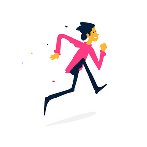 说明一个快乐的人在跑步。矢量。卡通平面风格。穿红色运动衫的人物商人。健身，运动。公司或商店的吉祥物。