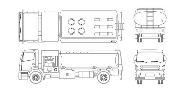 空气燃料卡车的轮廓风格。 正面顶部和背面视图。 飞机维修。 机场运输。 为飞机加油。 工业蓝图。 矢量孤立插图。