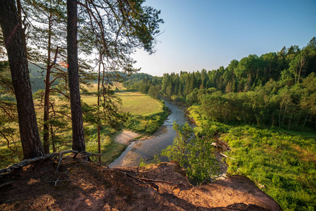 拉脱维亚阿马塔河的水流，夏季早晨有砂岩峭壁和绿叶