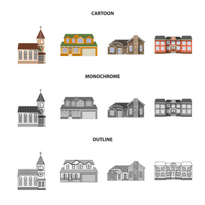 建筑物和前面标志的孤立对象。网站的建筑和屋顶股票符号集