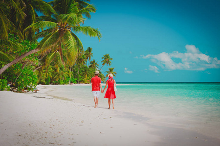 幸福的情侣走在沙滩上, 浪漫的假期