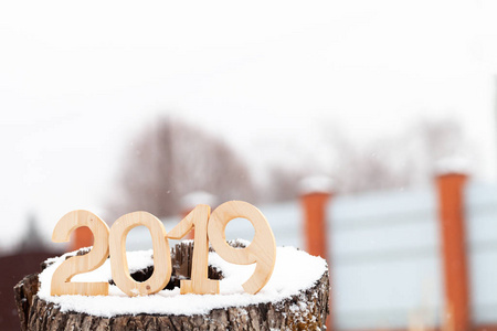 雪桩上2019年的木制数字。 新年和圣诞节的主题。