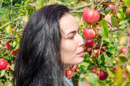 美丽的黑发女孩肖像背景苹果树枝与大红苹果。 夏日的心情。 摘苹果。 丰收。 伊娃风格