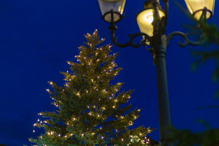 在德国南部出现的12月蓝小时的天空，市场上的圣诞树灯