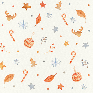 圣诞节无缝装饰与节日装饰和花卉元素圣诞球糖果鹿星FIRS。 带有斯堪的纳维亚装饰的冬季包装纸