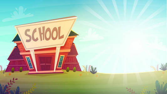 学校。 知识日有趣的卡通背景温暖的秋季教育卡封面，红色，绿色，明亮的颜色，清澈的蓝天云。 高中漫画风格矢量插图