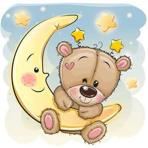 可爱的卡通棕色泰迪熊在月球上