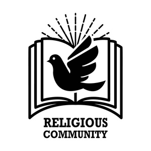 宗教团体。 带有神圣圣经和鸽子的徽章模板。 标志标签标志的设计元素。 矢量插图