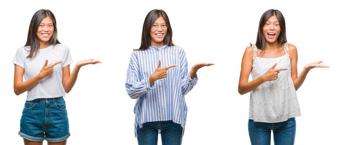 拼贴的亚洲年轻女子站在白色孤立的背景上，惊讶和微笑的相机，同时呈现手和手指。