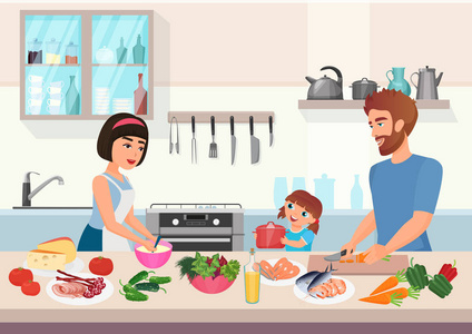快乐的年轻家庭烹饪。父亲, 母亲和女儿孩子在厨房动画片向量例证烹饪菜