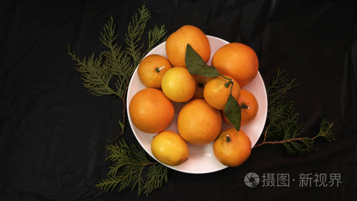 白色盘子上的橘子 黑色背景 云杉的枝条 从顶部的视图.