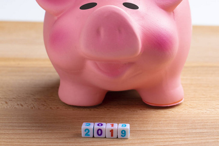 2019年金融目标, 快乐的微笑的粉红色的存钱罐与木立方体块与数字2019年在桌子上
