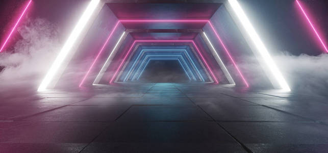 宇宙飞船科幻现代未来派暗烟雾混凝土反射白色紫蓝色发光空空间文本3渲染插图
