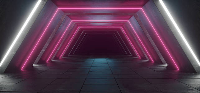 未来科学FI现代复古宇宙飞船俱乐部舞台暗空混凝土走廊隧道与霓虹灯发光，蓝色，粉红色，白色，紫色，彩色地板，3渲染插图。