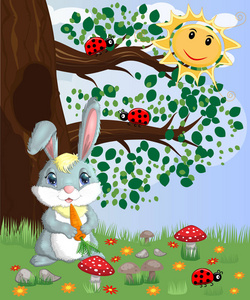小兔子，在林中空地上放着胡萝卜。矢量图