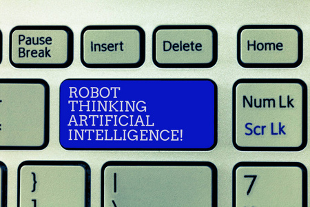 概念手工写作显示机器人思考人工智能。商业照片展示艾现代未来派聊天机器人键盘意图创建计算机消息键盘的想法