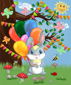 可爱的卡通小兔子，在林间空地上举着一手气球