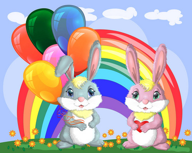 可爱的卡通兔子，一臂气球和一个兔子女朋友在彩虹附近的草地上。
