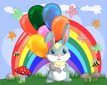 可爱的卡通小兔子，在彩虹附近的一片草地上有一大臂球。