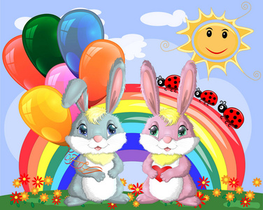 可爱的卡通兔子，一臂气球和一个兔子女朋友在彩虹附近的草地上。