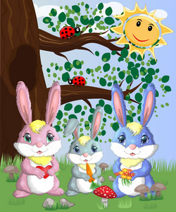 一家三只兔子在森林的空地上。矢量图