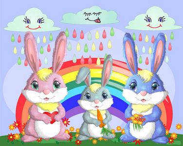 彩虹附近的草地上有一家三只兔子。