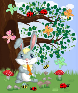 兔子在森林空地上拿着胡萝卜。 矢量插图