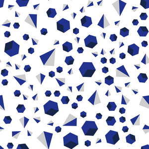 浅蓝色矢量无缝等距背景与三角形立方体。 带有线条立方体的抽象风格的装饰设计。 纺织品壁纸设计。