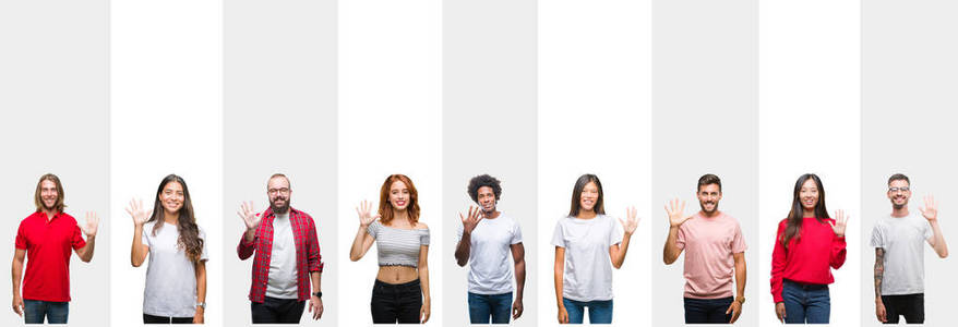 拼贴不同民族的年轻人在白色条纹上，孤立的背景，显示和指着第五个手指，同时微笑自信和快乐。
