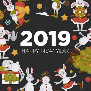 2019新年庆祝活动，小兔子带雪人冬季角色矢量