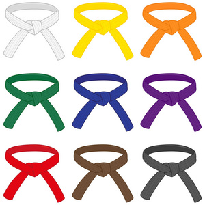 矢量插图收集不同等级颜色的武术带。 跆拳道柔道柔道跆拳道跆拳道或功夫带矢量设置