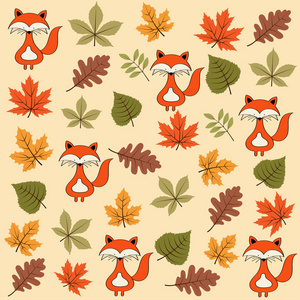 秋天无缝的树叶和狐狸图案