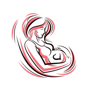 孕妇优雅的身体轮廓放置在装饰心形框架草图矢量插图。 爱和温柔的感觉概念。