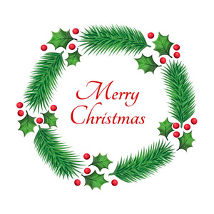 圣诞花环, 圣诞快乐的文字和装饰绿叶和红色浆果设计一个快乐的新年和快乐的圣诞贺卡。传染媒介例证在动画片样式