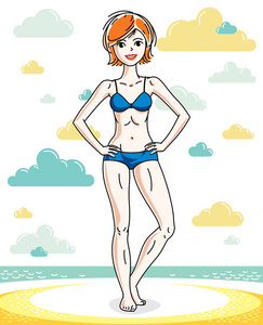 迷人的年轻红发女人站在热带海滩上，穿着蓝色泳衣。 矢量人体插图。 暑假主题。
