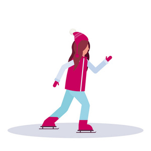 年轻女孩滑冰溜冰场运动活动女士穿着冬季服装女性纸箱字符全长轮廓平隔离