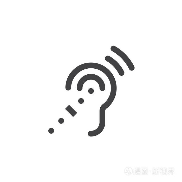 辅助听力系统符号.耳聋线图标,轮廓矢量标志插图,线性