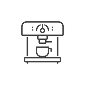 咖啡机线条图标，轮廓矢量符号，线性象形隔离在白色上。标志插图