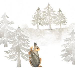 白色背景上的水彩寒假插图。冬天的森林和松鼠。适合卡片，海报，明信片，邀请，婚礼，生日聚会。