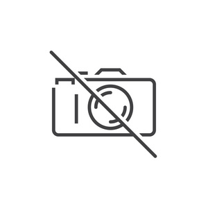没有摄影线图标，禁止使用相机轮廓矢量标志，线性象形文字隔离在白色，像素完美插图。
