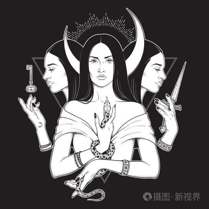 三重月球女神希卡特古希腊神话手绘黑白孤立矢量插图.
