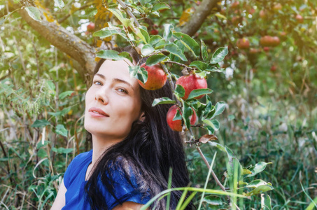 的黑发女孩在一个野生花园附近的一棵苹果树的树枝上有一个大红苹果。 靠大自然休息。 妇女健康。 夏天的记忆。 性女性