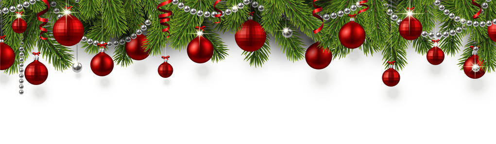白色圣诞节和新年横幅与冷杉枝和红色闪亮的圣诞球矢量插图。