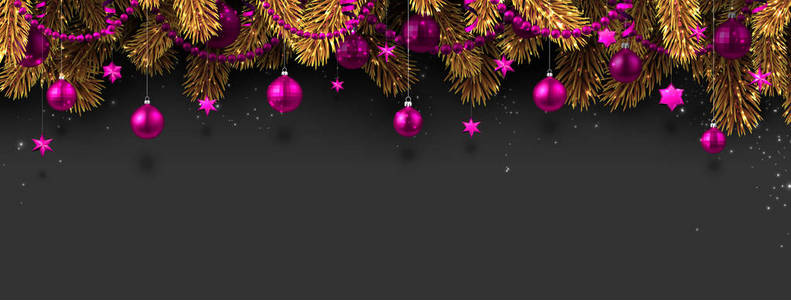 灰色圣诞节和新年横幅与冷杉枝和粉红色闪亮的圣诞球。 节日设计图示