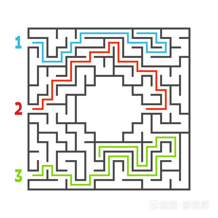 抽象的方形迷宫. 孩子们的游戏. 儿童拼图. 三个入口一个出口.