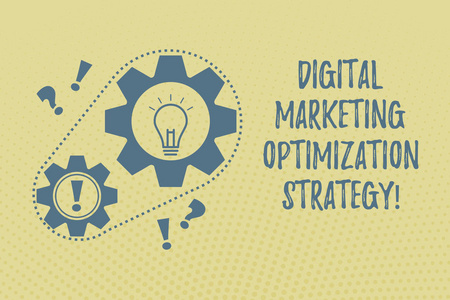 显示数字营销优化策略的书写笔记。商业照片展示社交媒体广告 seo 链周围的大小齿轮与灯泡标点符号图标