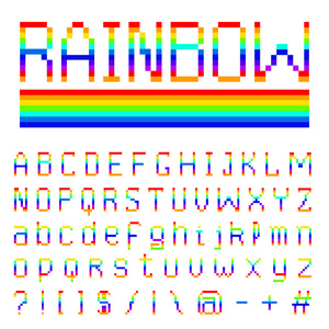 像素彩虹字体。8位符号。数字视频游戏风格。字母和数字。复古字体 abc。错误的计算机视频。未来主义设计。向量字母。抽象颜色伤害