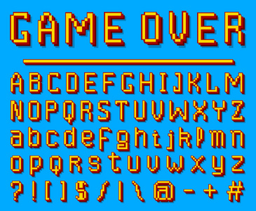 像素字体。8位符号。数字视频游戏风格。蓝色背景上的字母和数字。复古字体 abc。错误的计算机视频。未来主义设计。向量字母