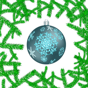 美丽的节日圣诞明信片与新年圆的蓝色球, 圣诞树装饰与雪花的图案在绿色圣诞树树枝上被查出在白色背景
